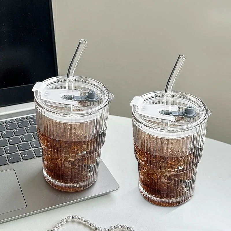 450ml Simple Stripe Coffee Glass Cup With Lid and Straw