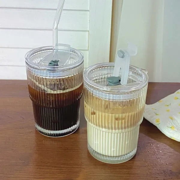 450ml Simple Stripe Coffee Glass Cup With Lid and Straw