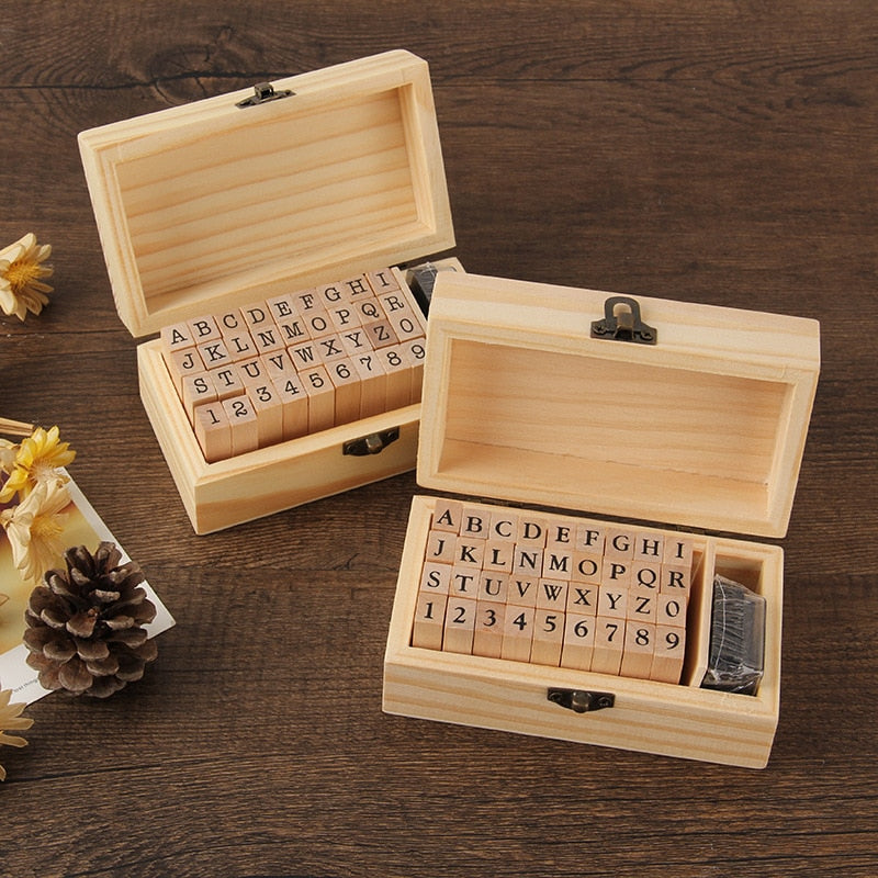 Wooden Alphabet Symbols Stamp Set.