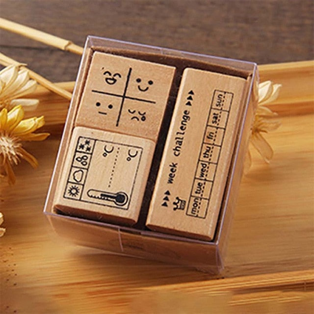 Wooden Alphabet Symbols Stamp Set.