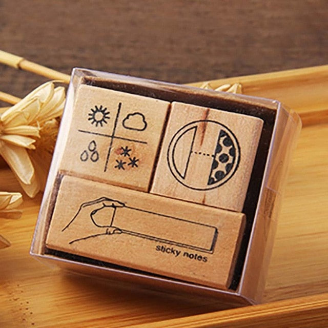 Wooden Alphabet Symbols Stamp Set.