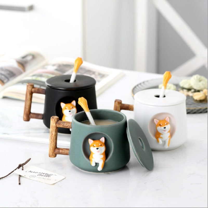 Shiba Inu Ceramic Mug Set with Lid and Spoon