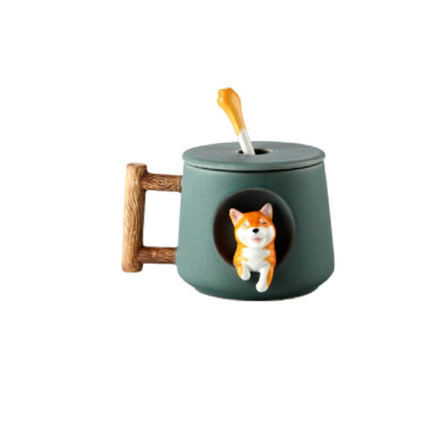 Shiba Inu Ceramic Mug Set with Lid and Spoon