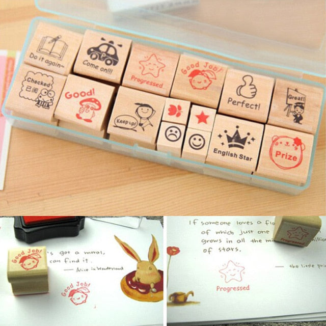 Wooden Alphabet Symbols Stamp Set.