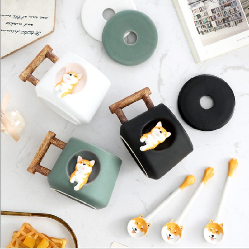 Shiba Inu Ceramic Mug Set with Lid and Spoon