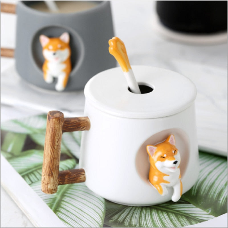 Shiba Inu Ceramic Mug Set with Lid and Spoon