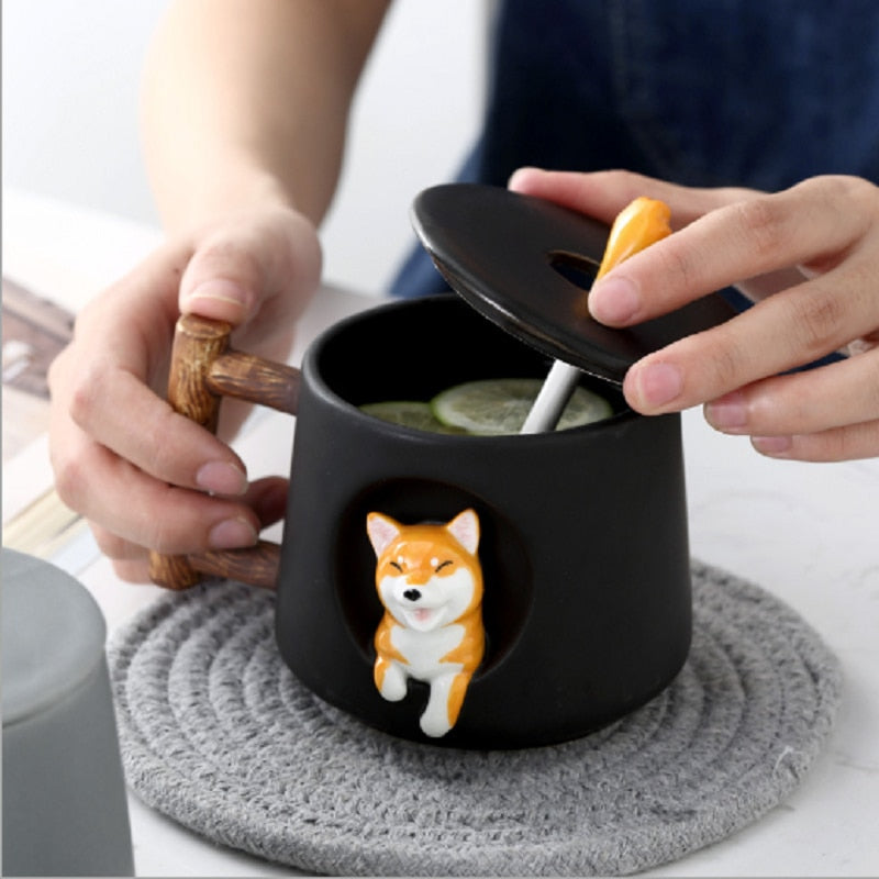 Shiba Inu Ceramic Mug Set with Lid and Spoon